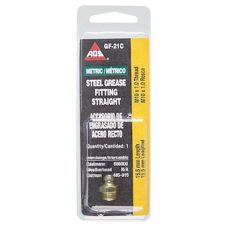 Ags Steel Straight Grease Fitting, 15.5mm Length, Male (10x1.0mm), 1/card GF-21C